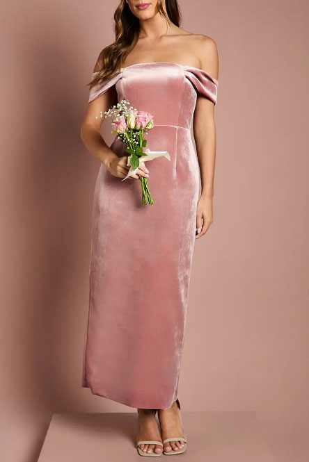 ベルベットオフショルダーマキシドレスピンクSサイズ