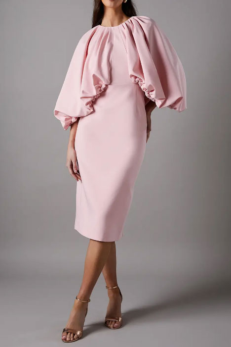 バルーンスリーブオーバーレイミディドレスピンクMサイズ