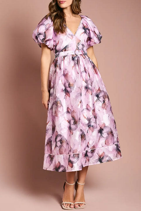 シアーフローラルパフスリーブミディドレスMサイズ