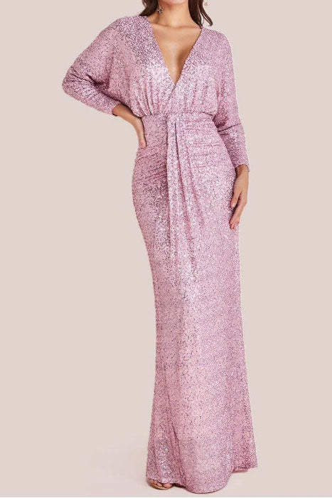 スパンコールドルマンスリーブロングドレスピンクMサイズ