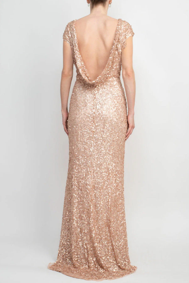 スパンコールドレープバックロングドレスピンクSサイズ