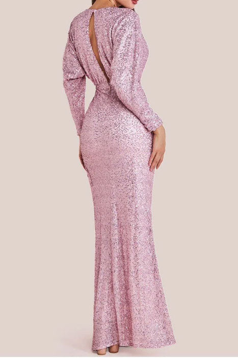 スパンコールドルマンスリーブロングドレスピンクMサイズ