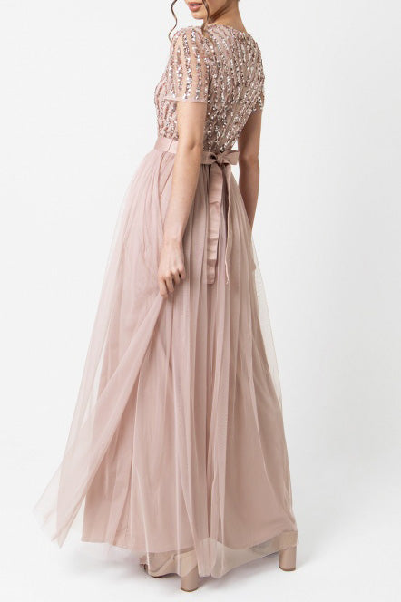 ストライプビジューハーフスリーブロングドレスブラッシュピンクMサイズ