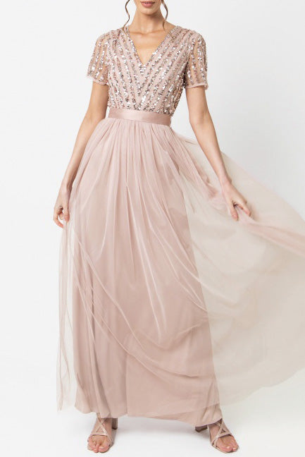 ストライプビジューハーフスリーブロングドレスブラッシュピンクMサイズ