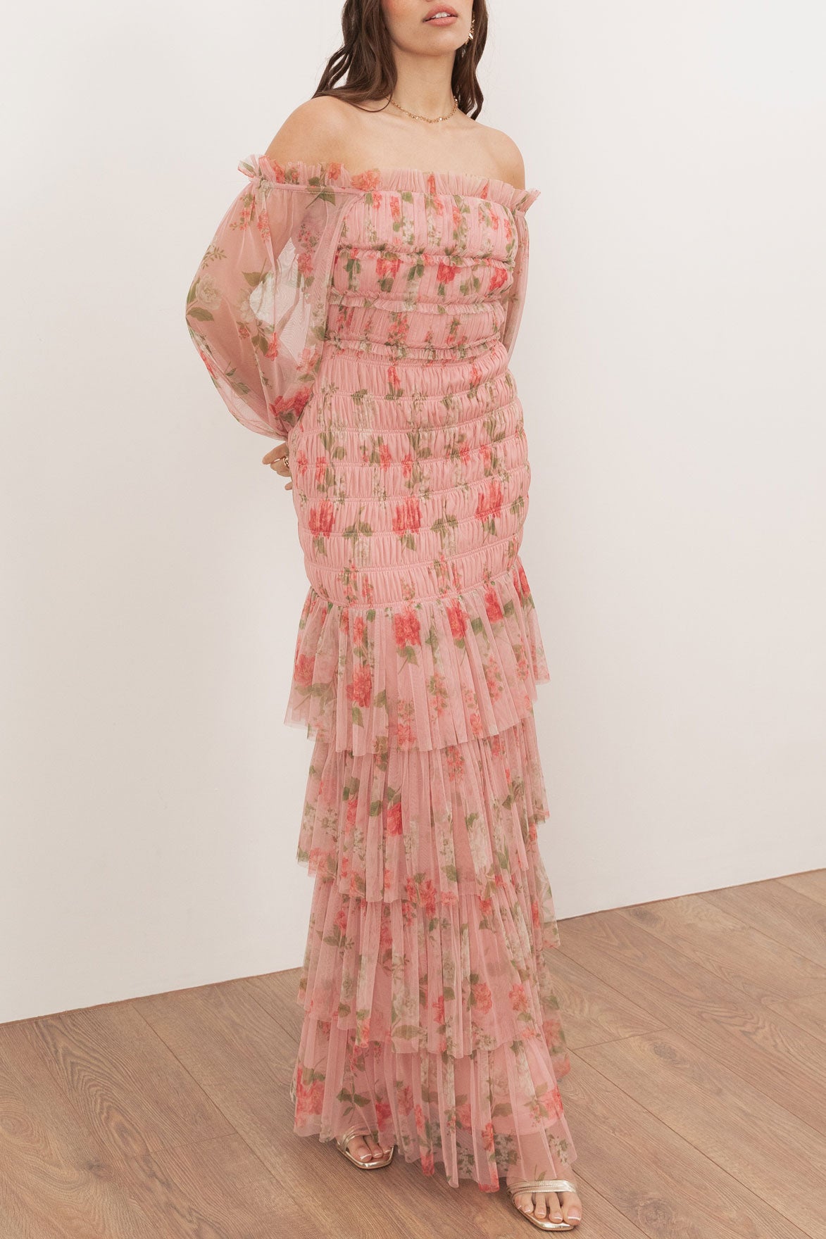 ヴィンテージローズチュールマキシドレスドレスピンクMサイズ