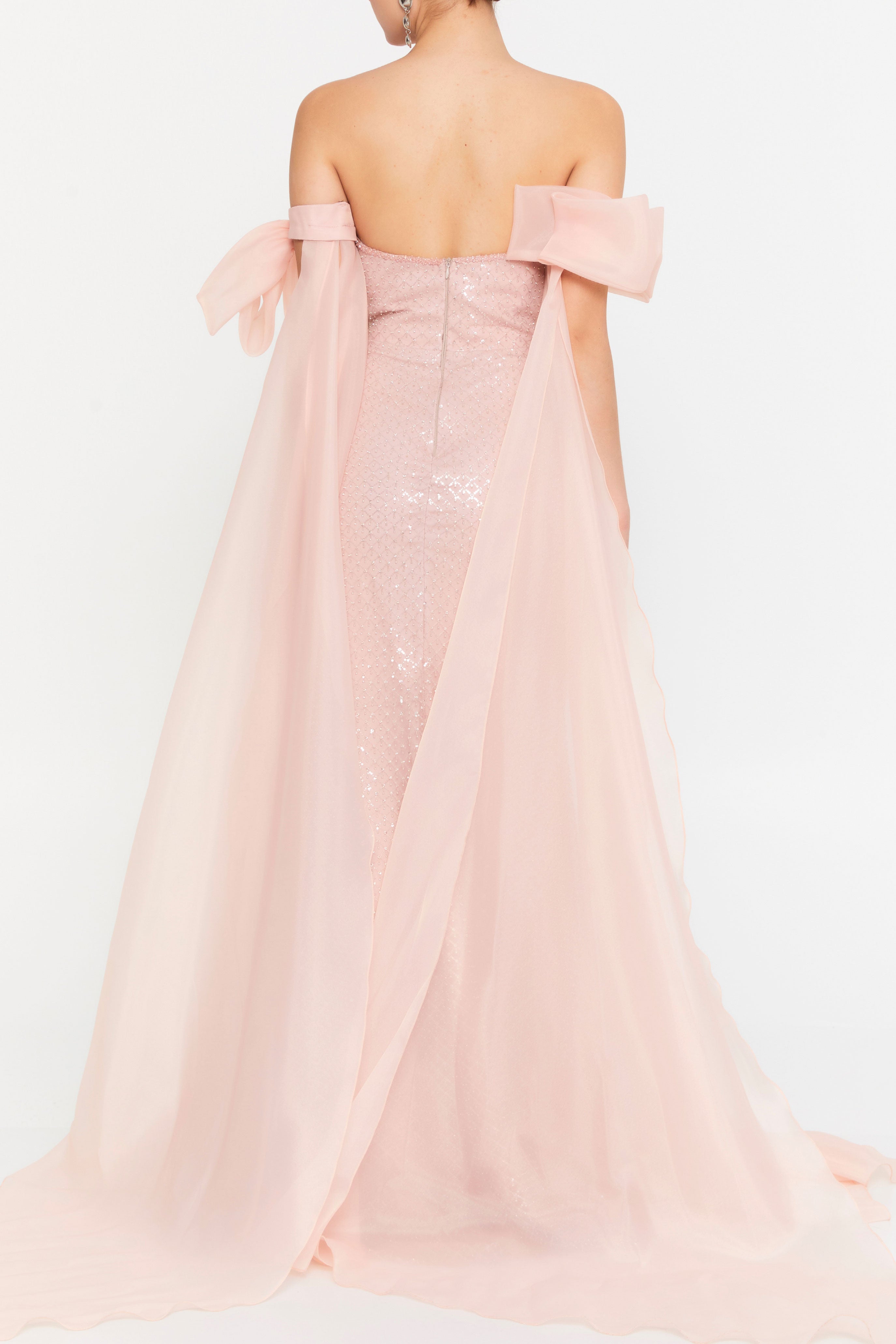 オーガンジーボウスリーブロングドレスピンクSサイズ(38)