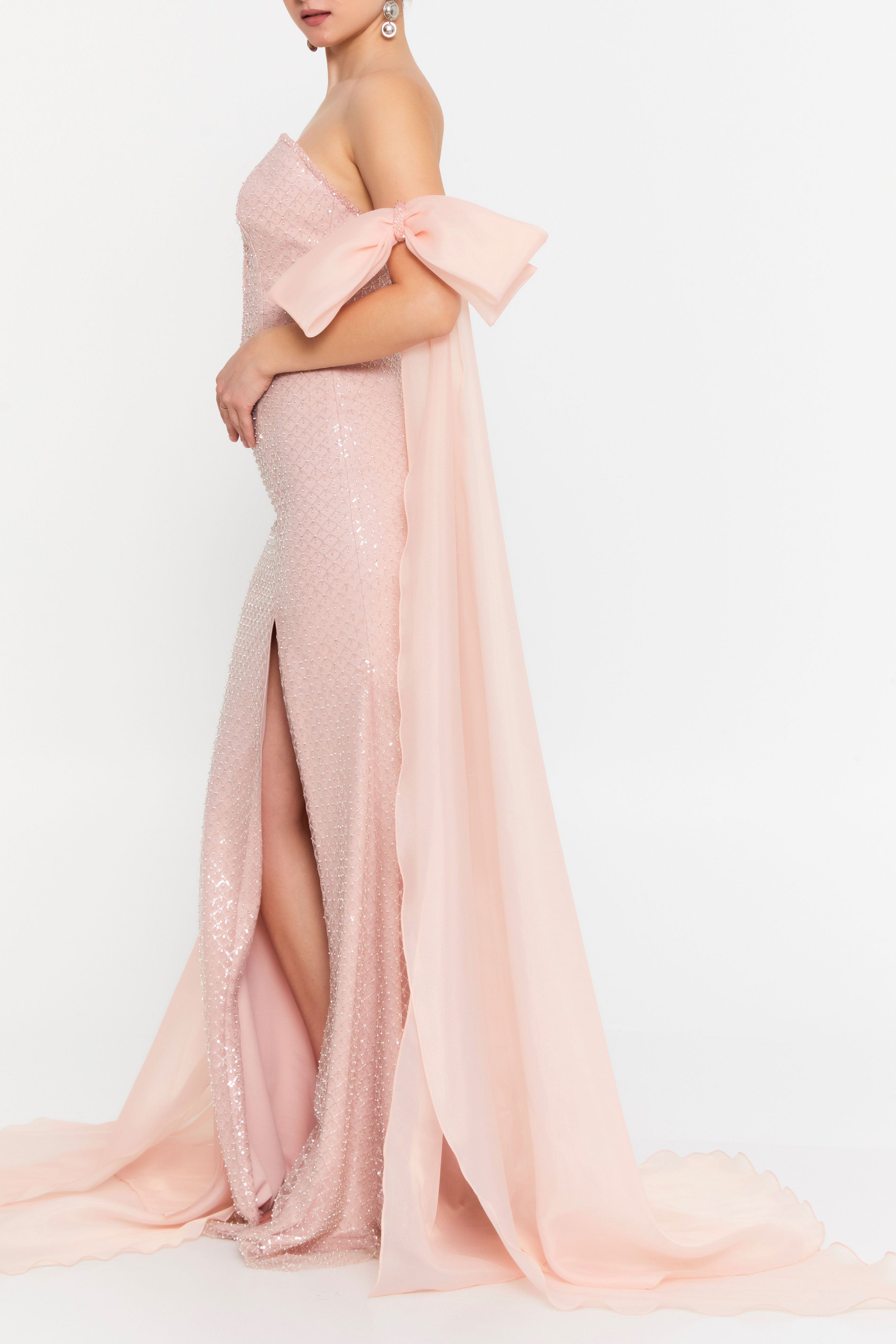 オーガンジーボウスリーブロングドレスピンクSサイズ(38)