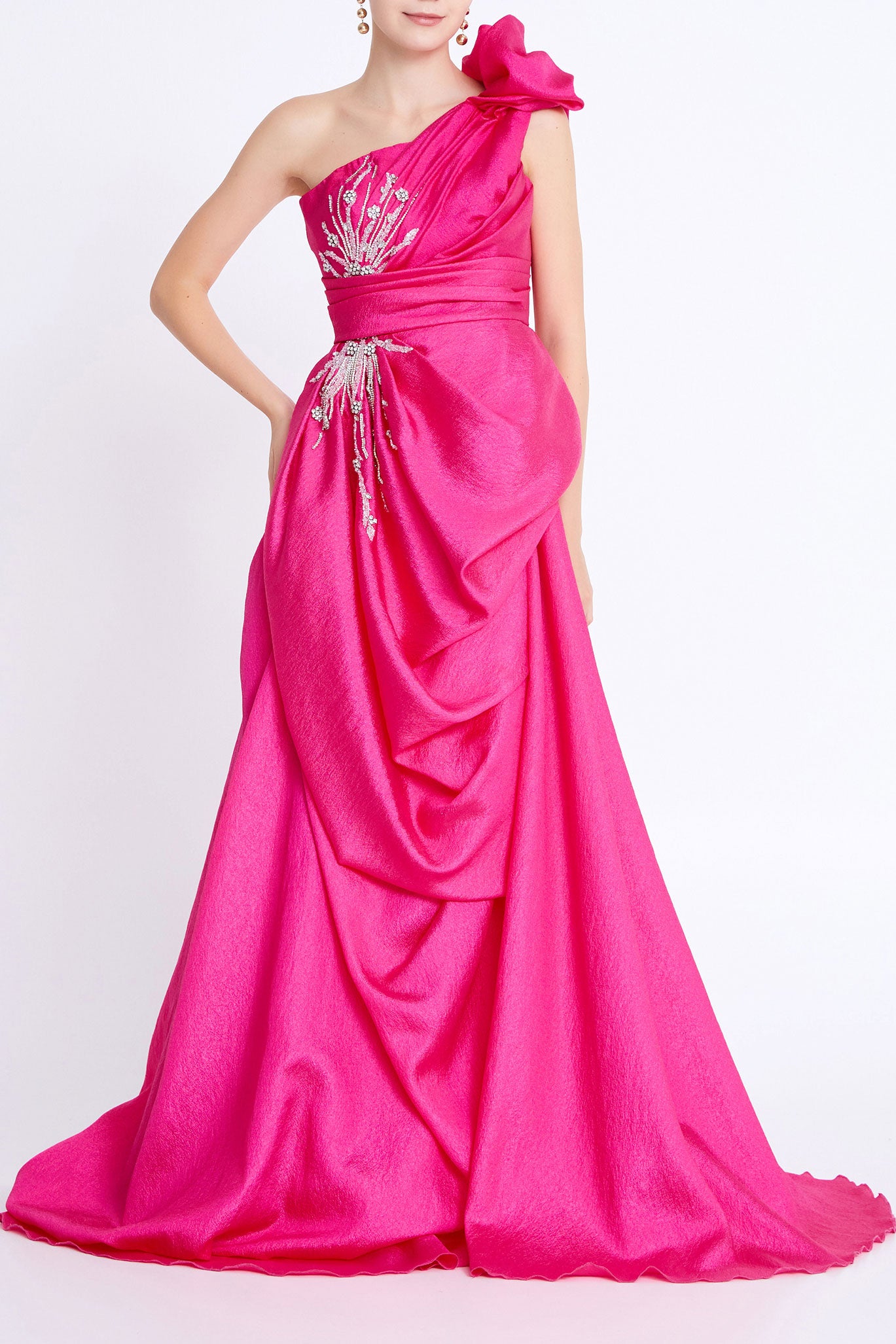 ワンショルダーAラインドレスピンクSサイズ(38)