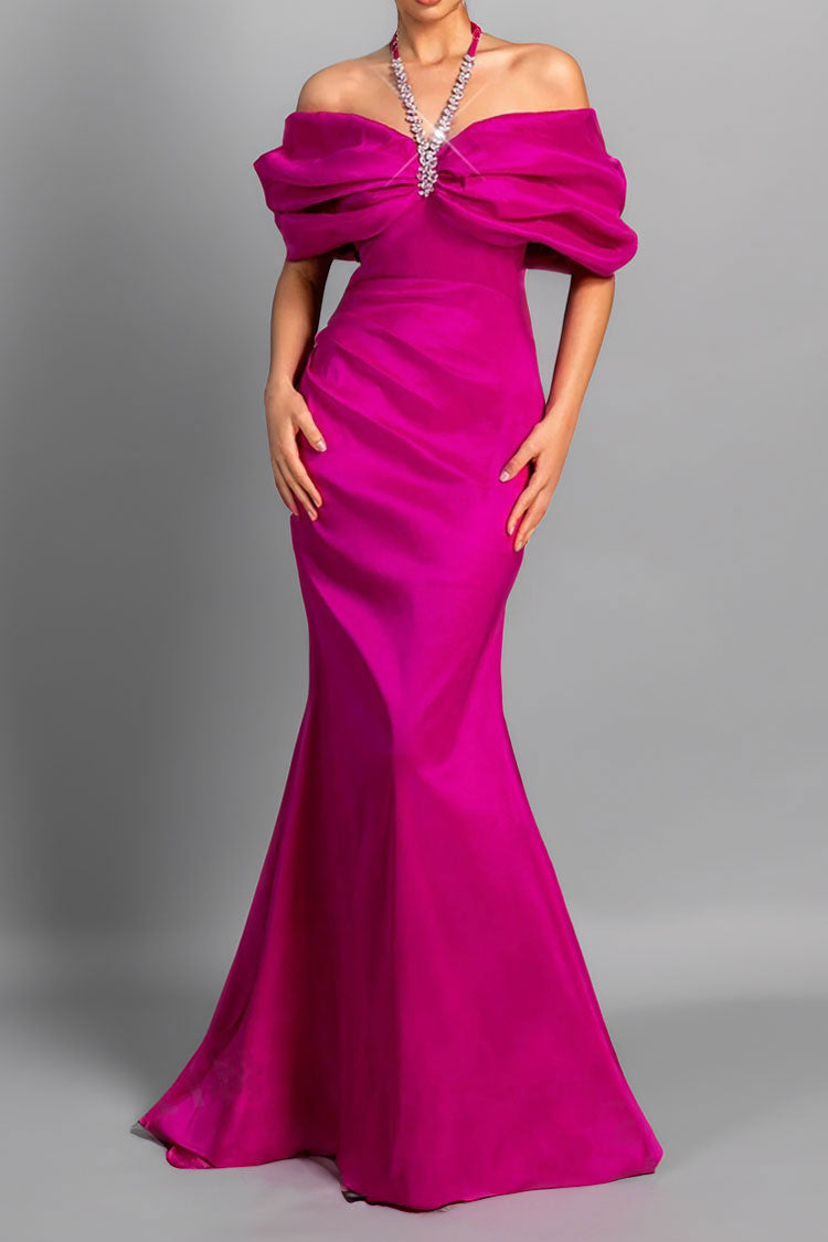 ビジューネックオフショルダーマーメイドロングドレスピンクLサイズ