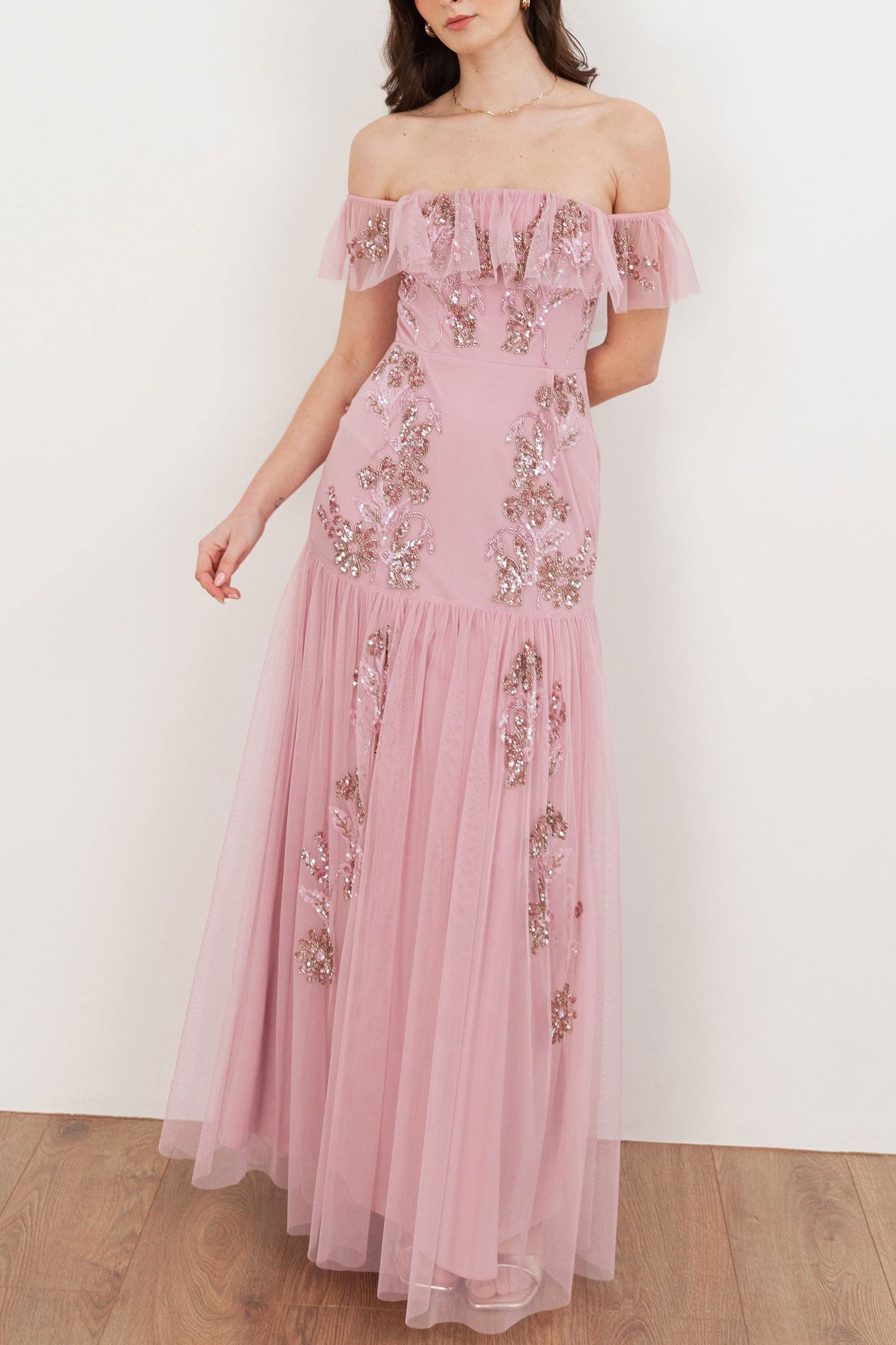 ビジューフリルオフショルダーマキシドレスピンクMサイズ