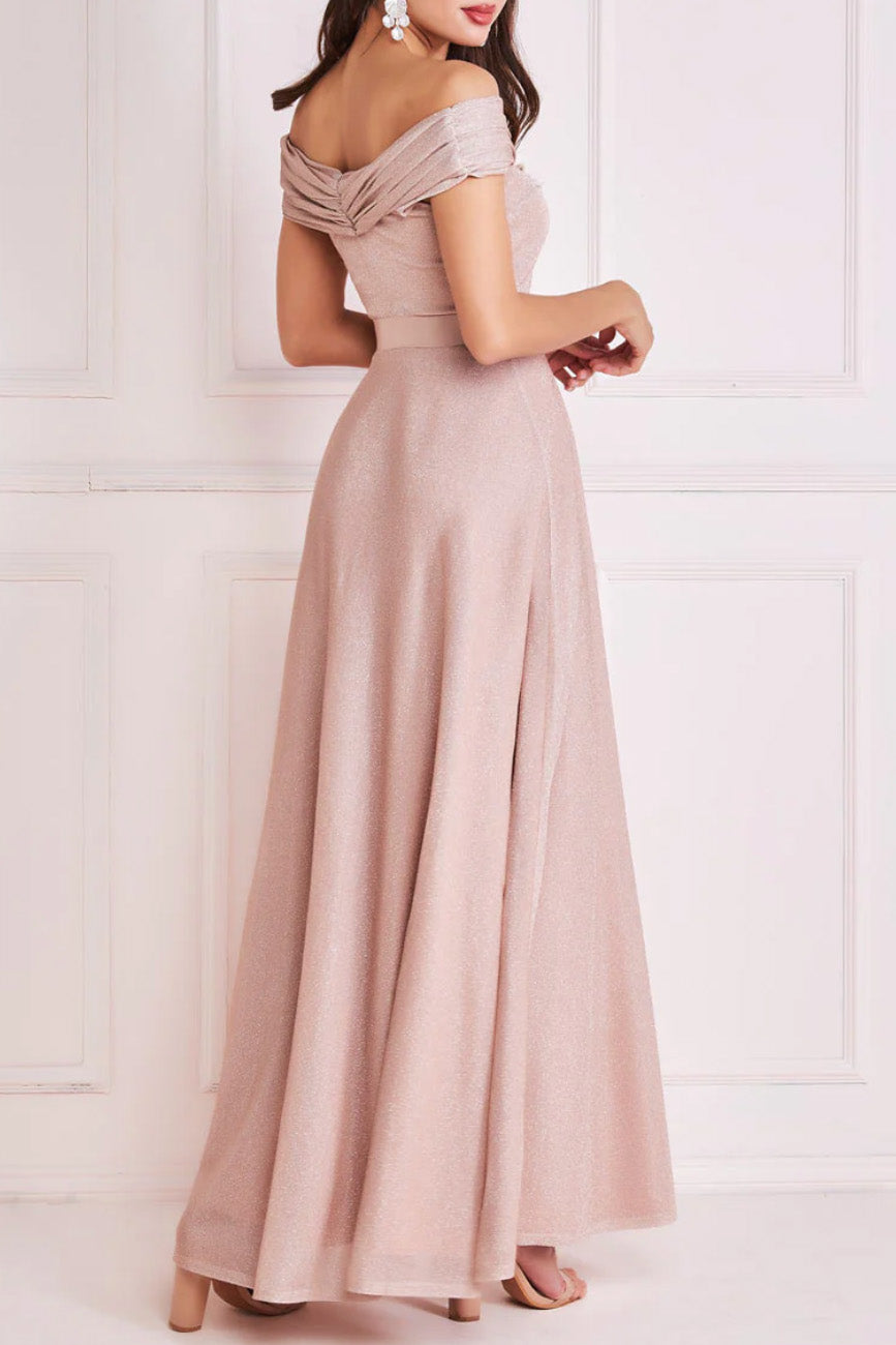 シャイニーオフショルダーロングドレスピンクベージュMサイズ