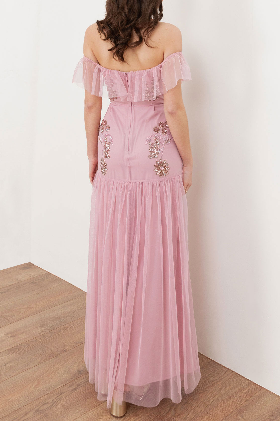 ビジューフリルオフショルダーマキシドレスピンクMサイズ