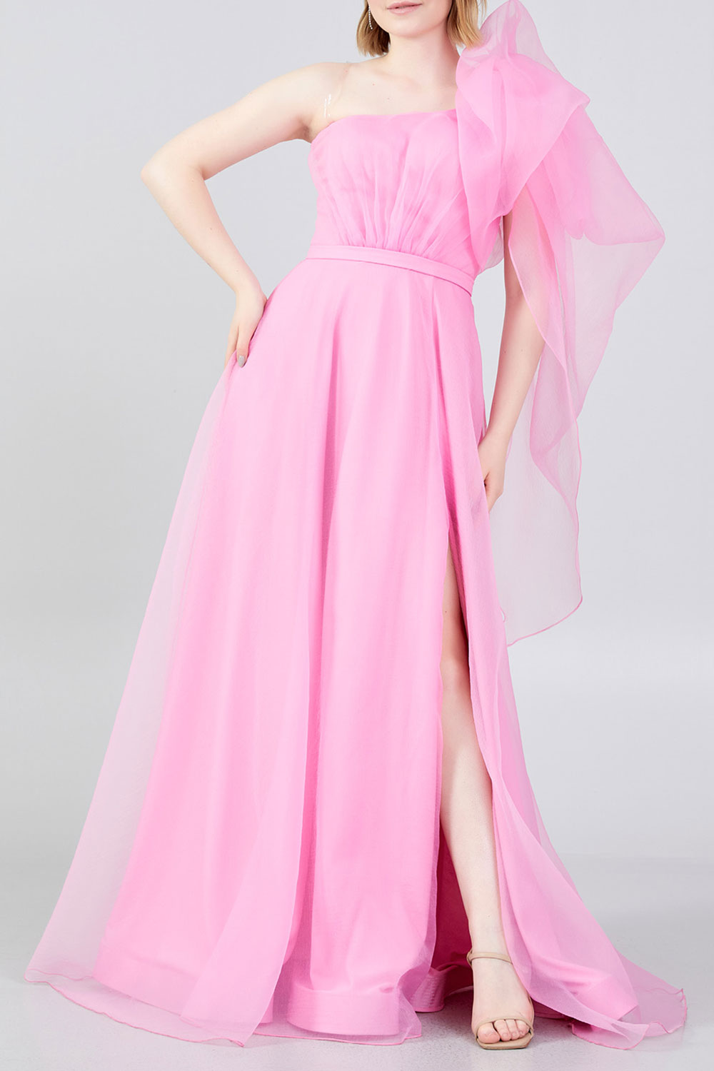 ボリュームワンショルダーAラインドレスピンクSサイズ(38)