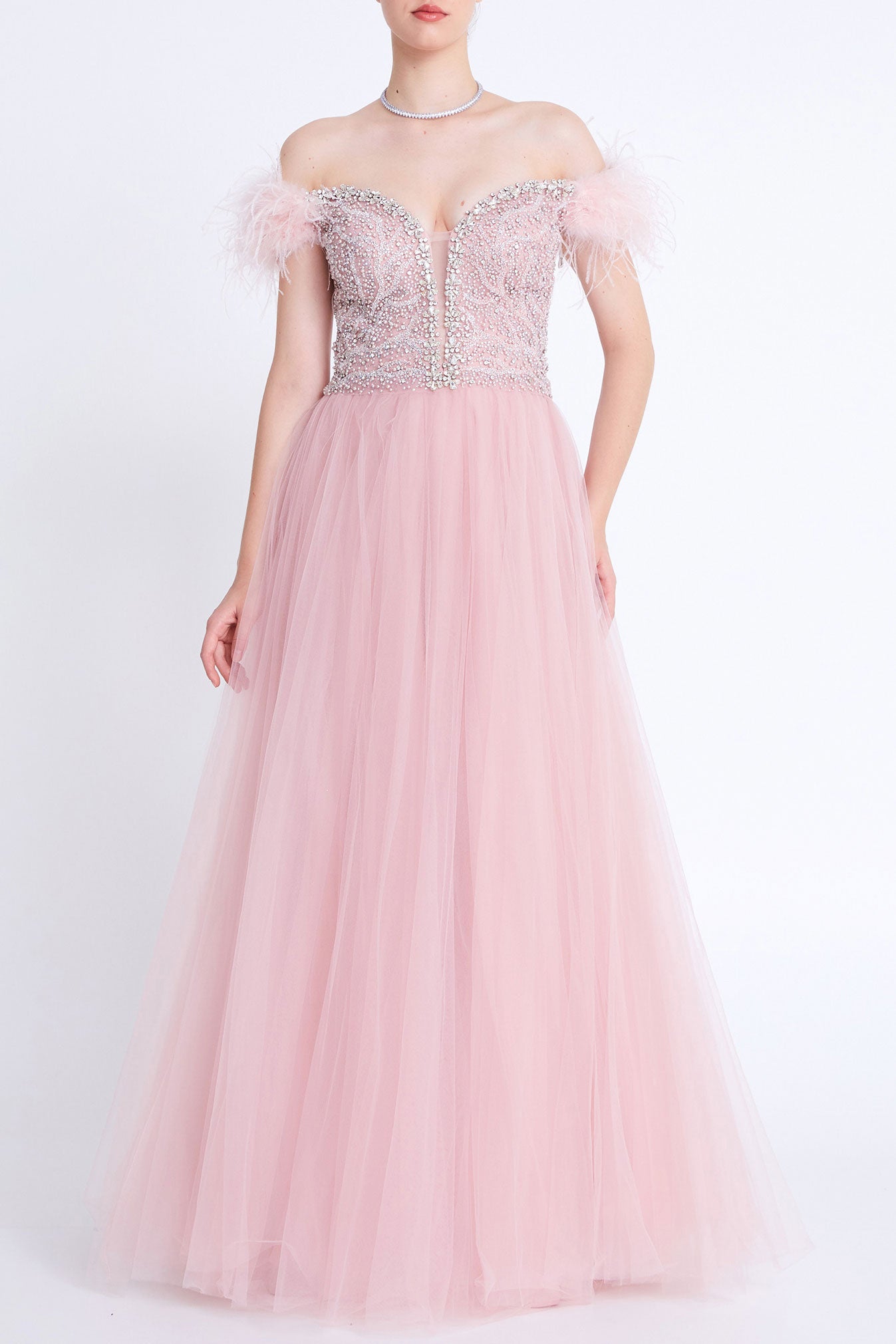 フェザーオフショルダーAラインロングドレスパウダーピンクMサイズ(38)