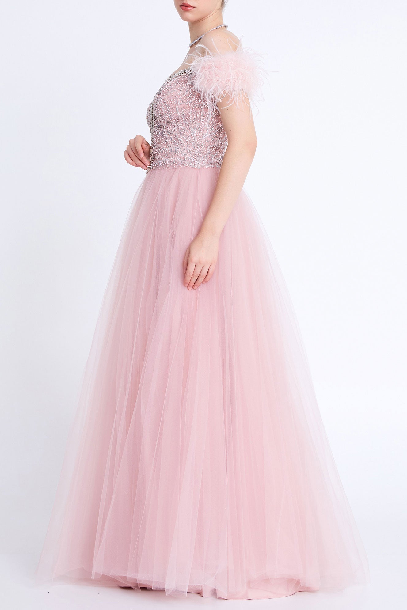 フェザーオフショルダーAラインロングドレスパウダーピンクMサイズ(38)