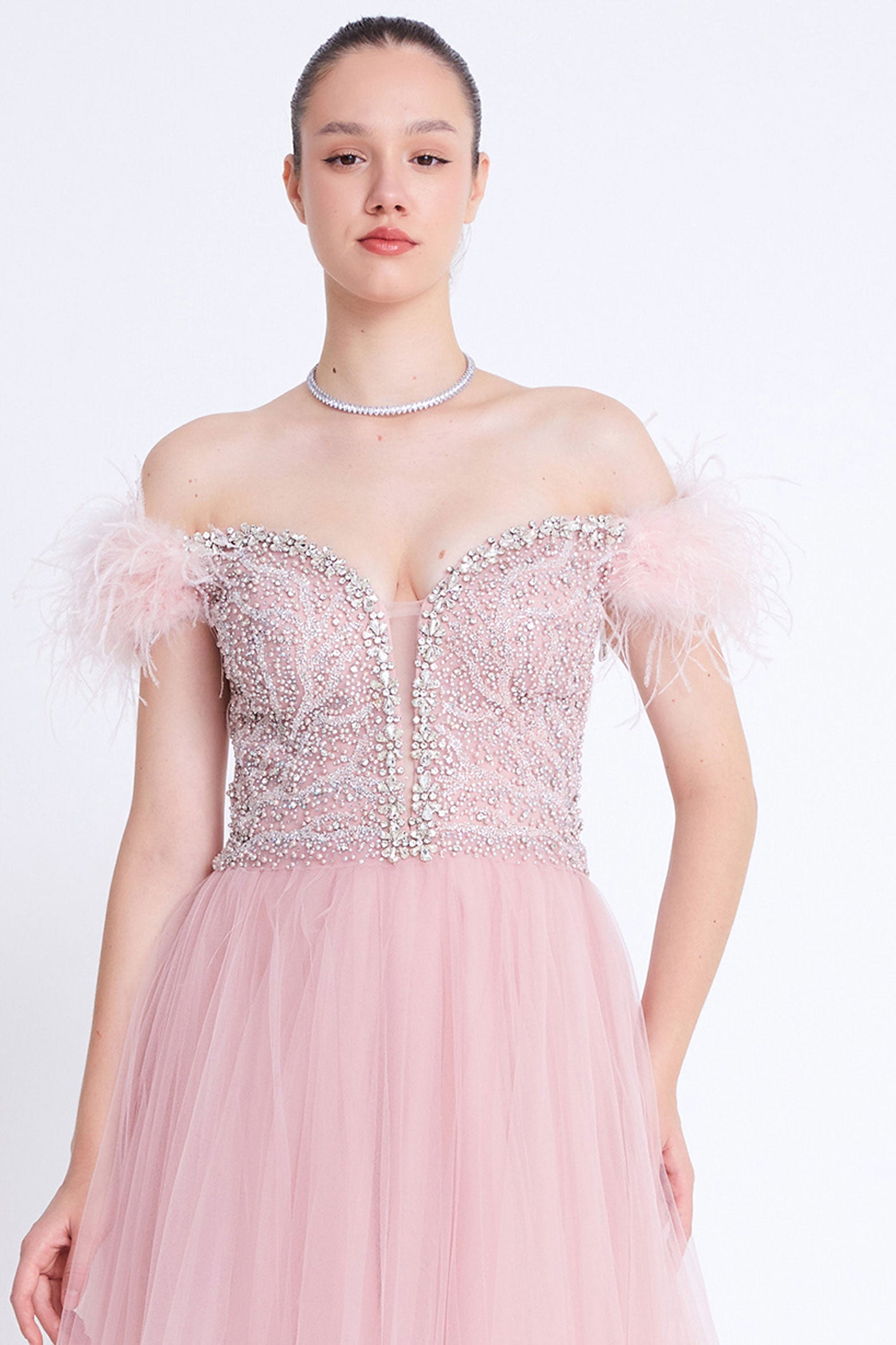 フェザーオフショルダーAラインロングドレスパウダーピンクMサイズ(38)