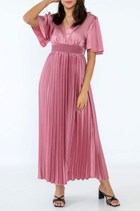 サテンフラッタースリーブミディドレスピンクMサイズ