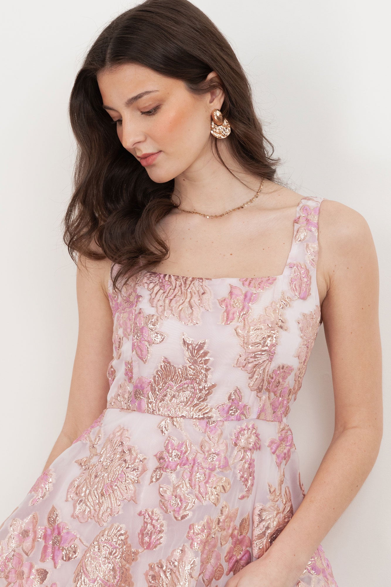 フローラルジャガードティアードミディドレスピンクMサイズ