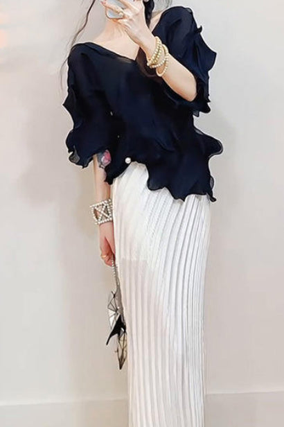 プリーツセットアップドレスブラックアンドホワイトフリーサイズ