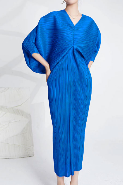 プリーツドルマンミディドレスブルーフリーサイズ
