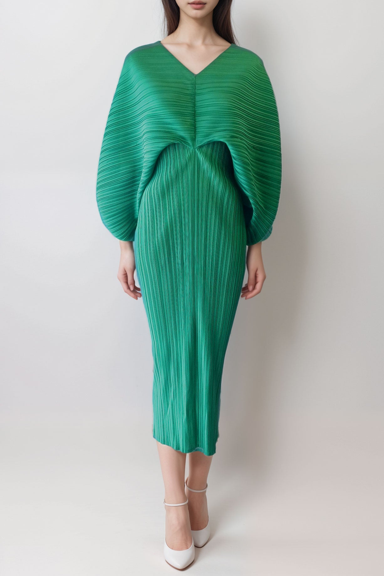 プリーツドルマンミディドレスグリーンフリーサイズ