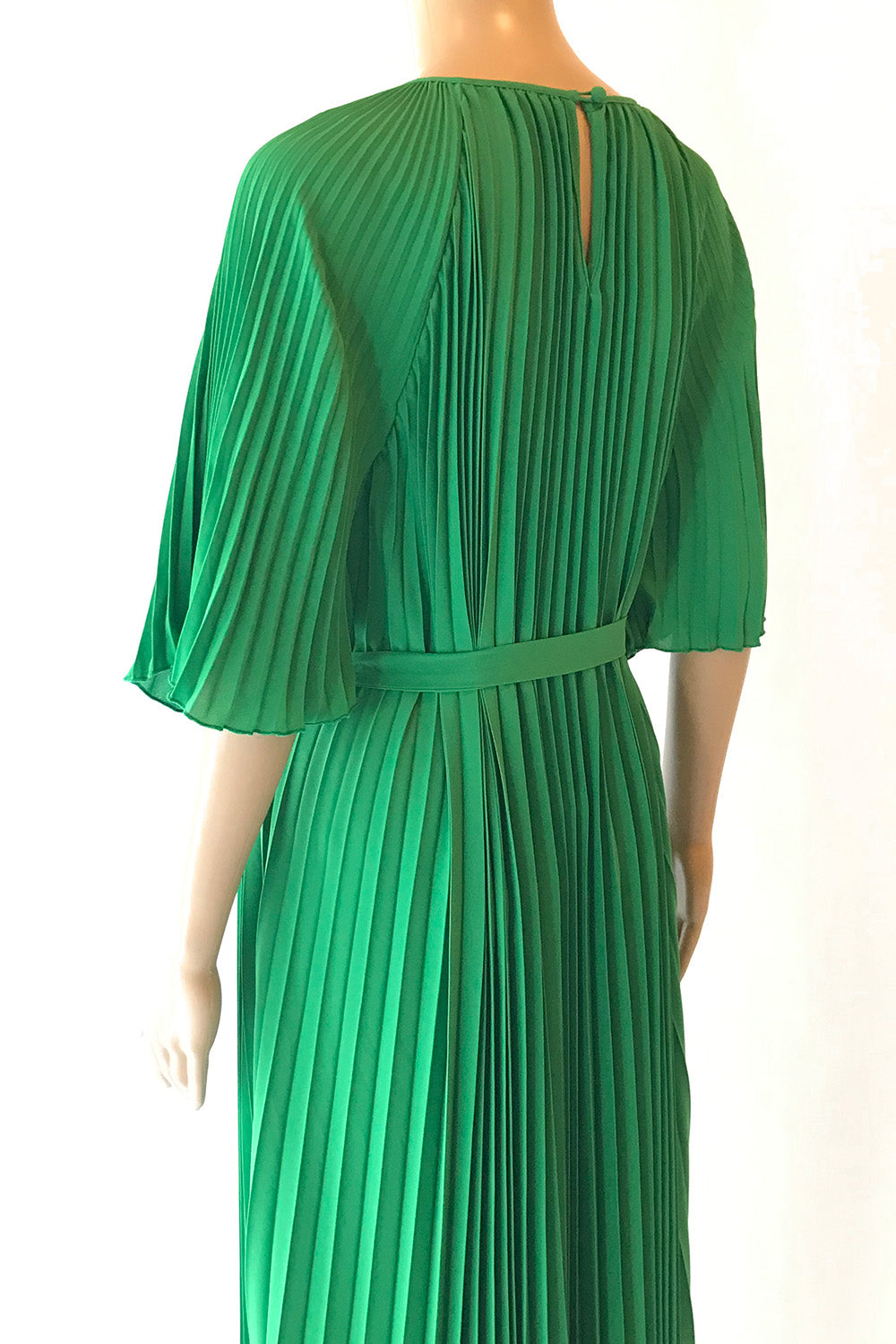 プリーツフラッタースリーブロングドレスグリーンフリーサイズ