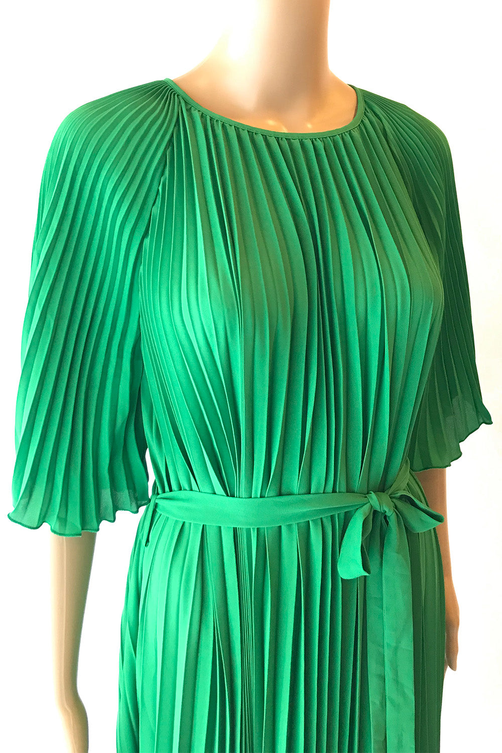 プリーツフラッタースリーブロングドレスグリーンフリーサイズ