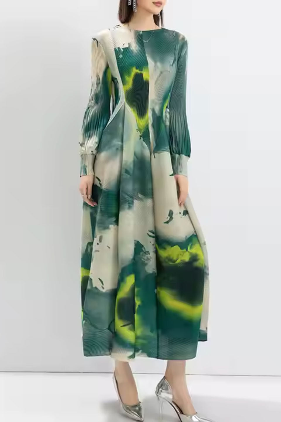 プリーツウォーターカラープリントドレスグリーンフリーサイズ