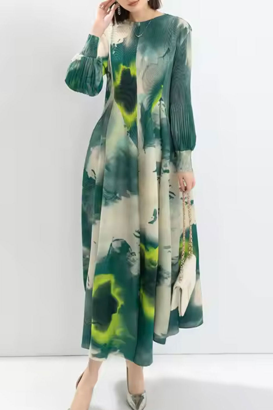プリーツウォーターカラープリントドレスグリーンフリーサイズ