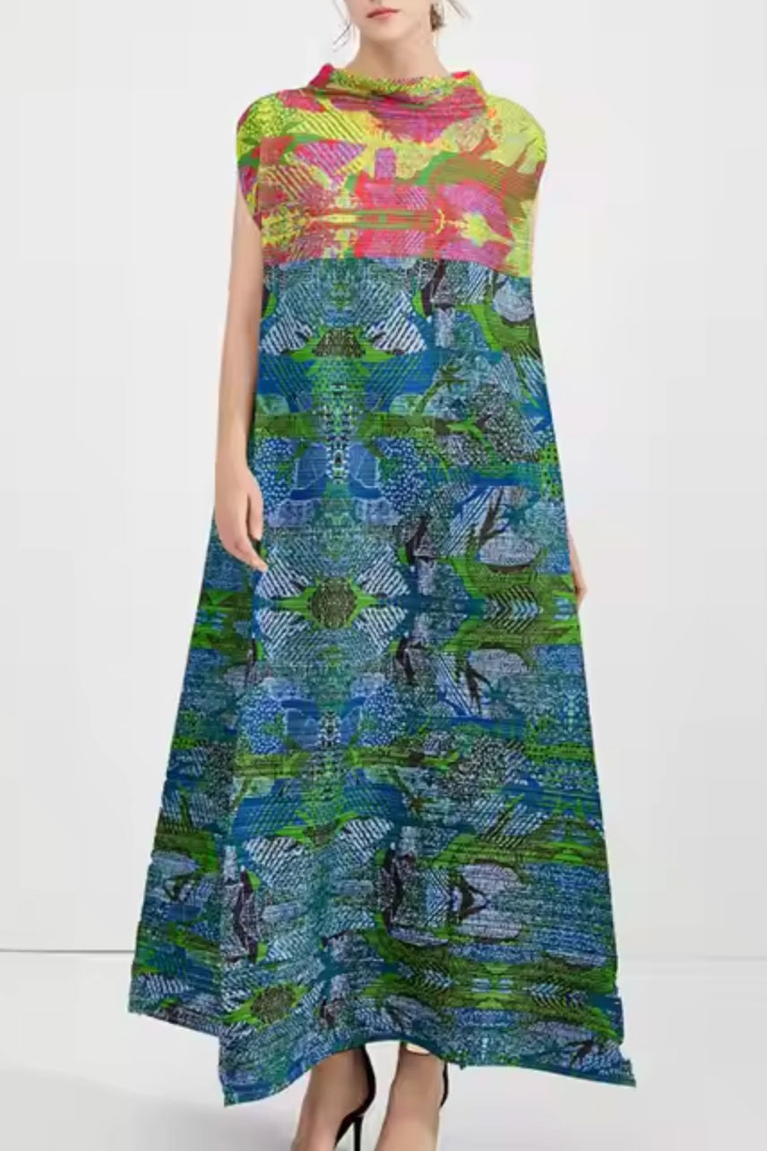 プリーツレトロコントラストドレスマルチカラーフリーサイズ