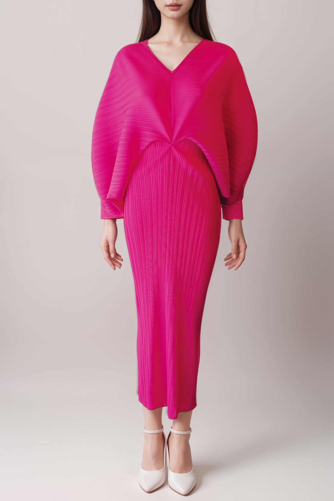 プリーツドルマンミディドレスピンクフリーサイズ