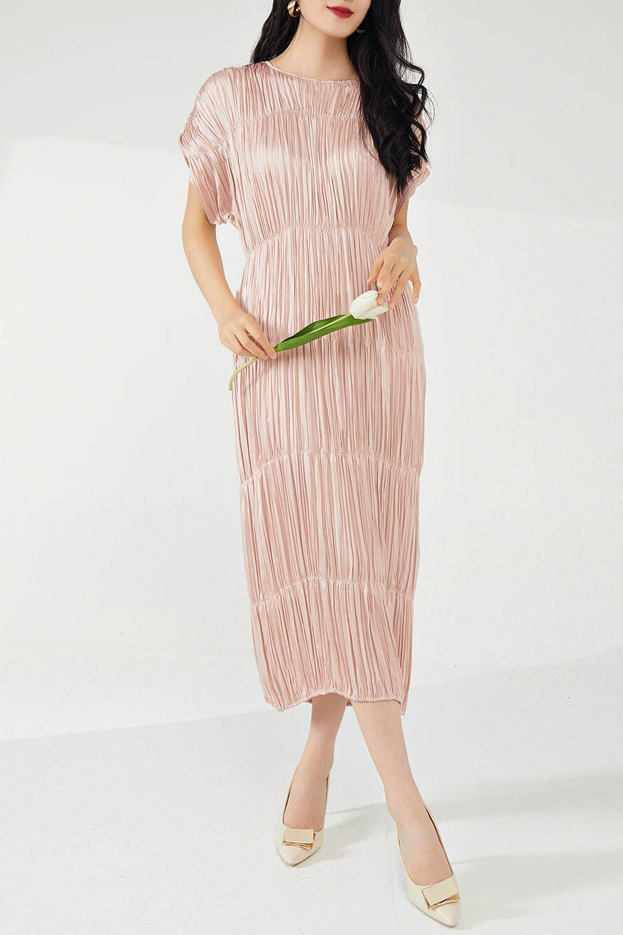 シャイニープリーツルーシュドレスピンクフリーサイズ