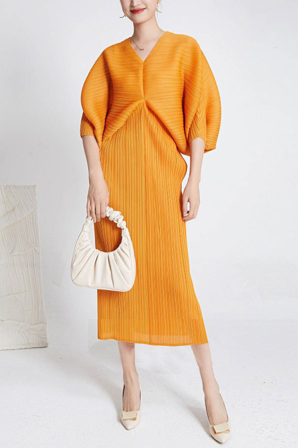 プリーツドルマンミディドレスイエローフリーサイズ