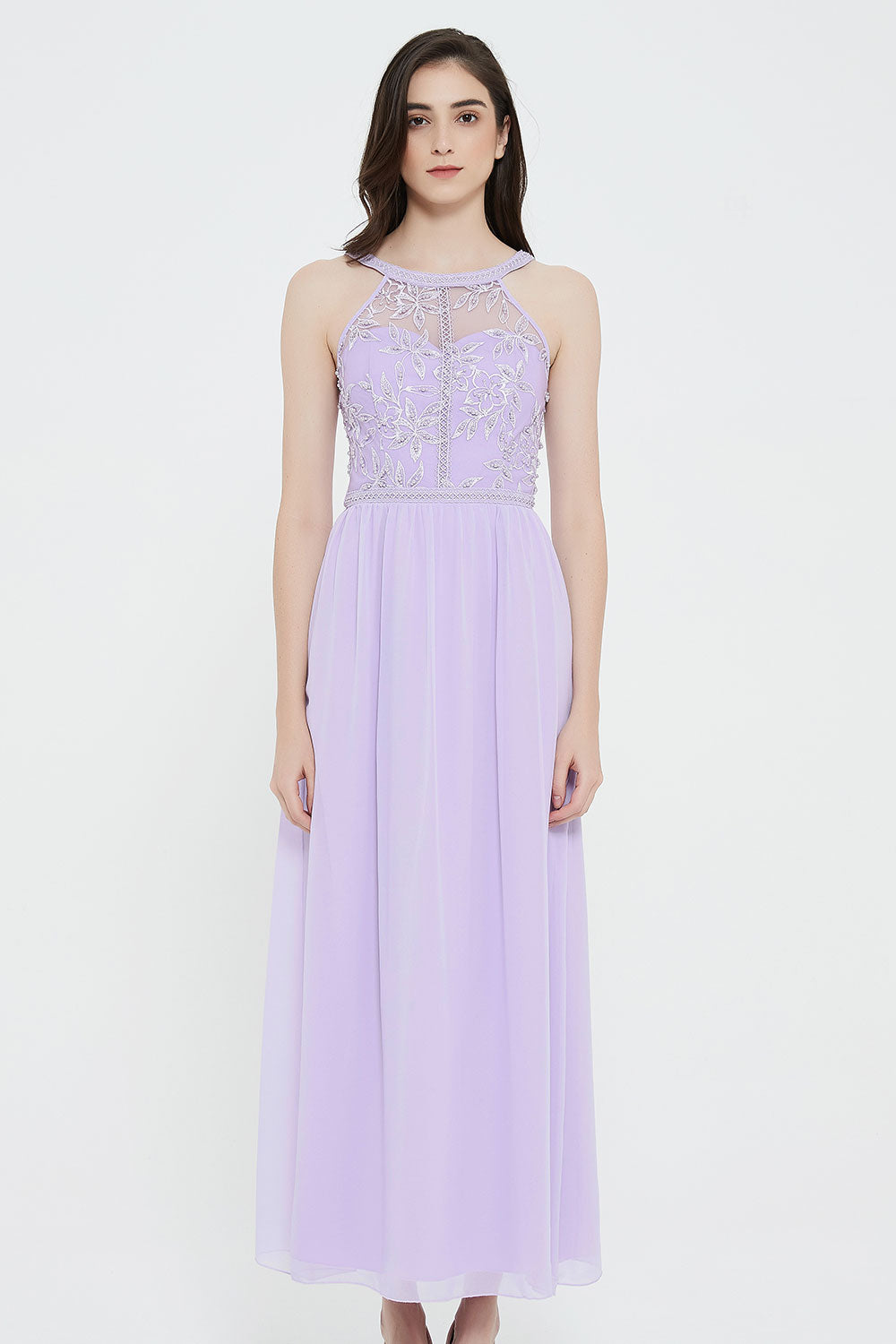エンブロイダリーレースホルターロングドレスパープルフリーサイズ