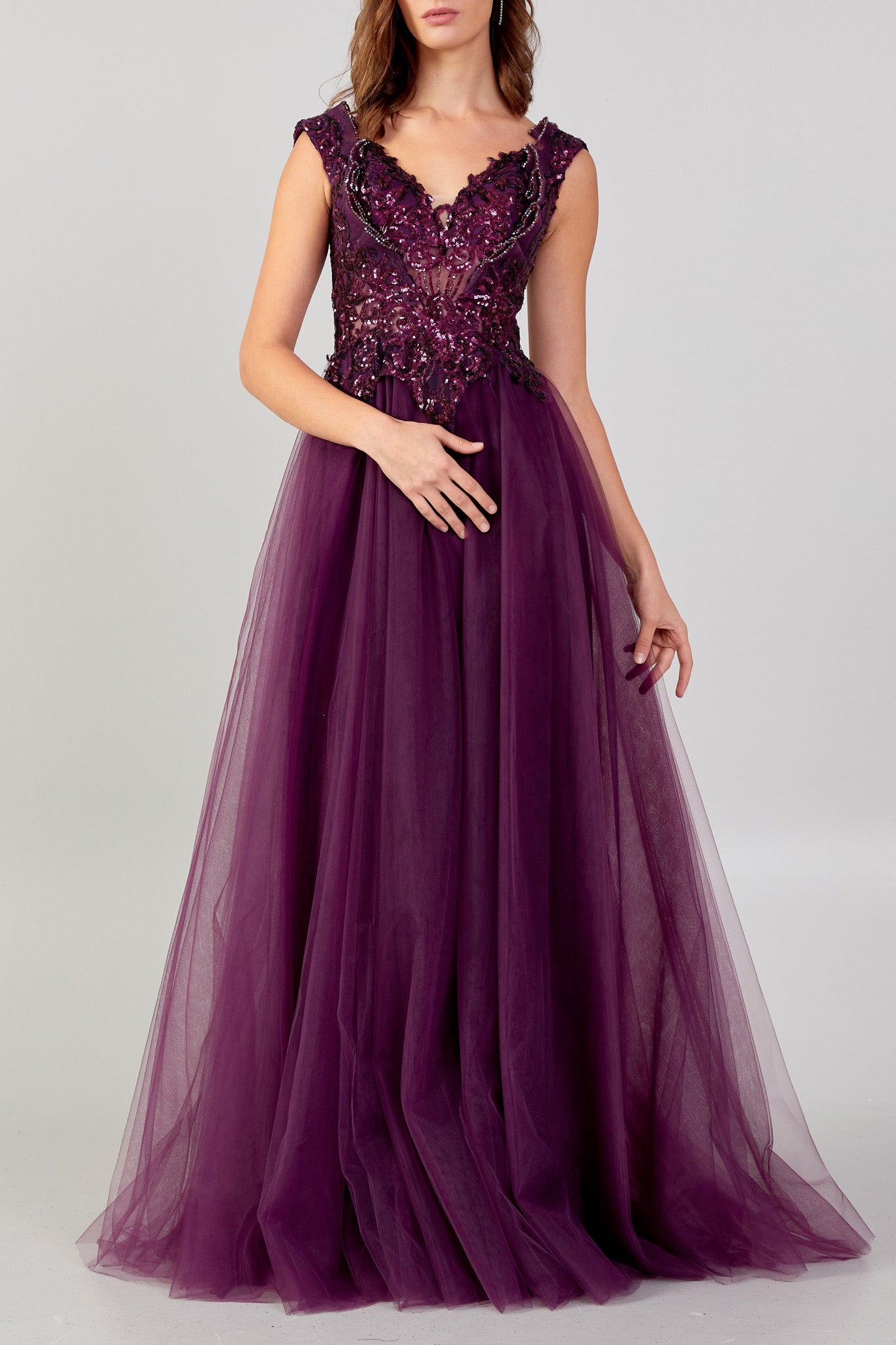 VネックスパンコールトップAラインロングドレスパープルSサイズ (38)