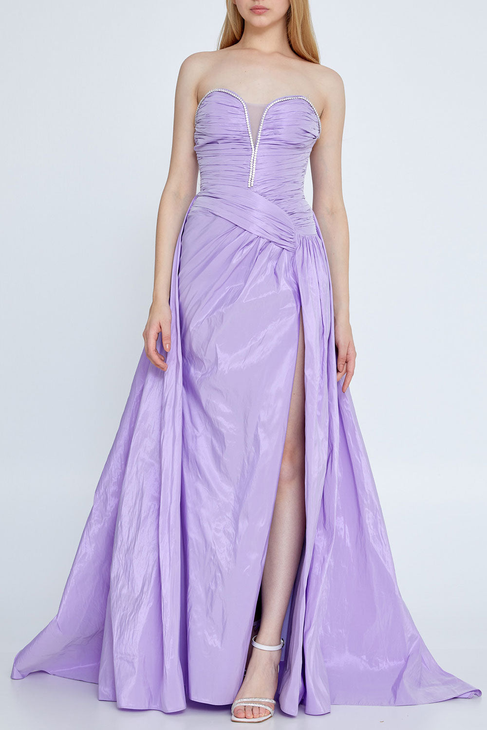 クリスタルラインシャーリングロングドレスラベンダーSサイズ(38)