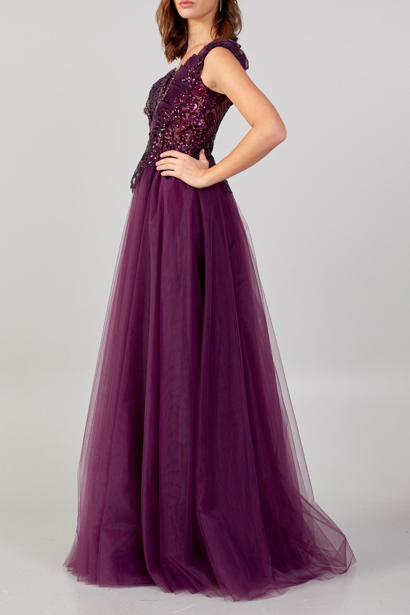 VネックスパンコールトップAラインロングドレスパープルMサイズ (40)