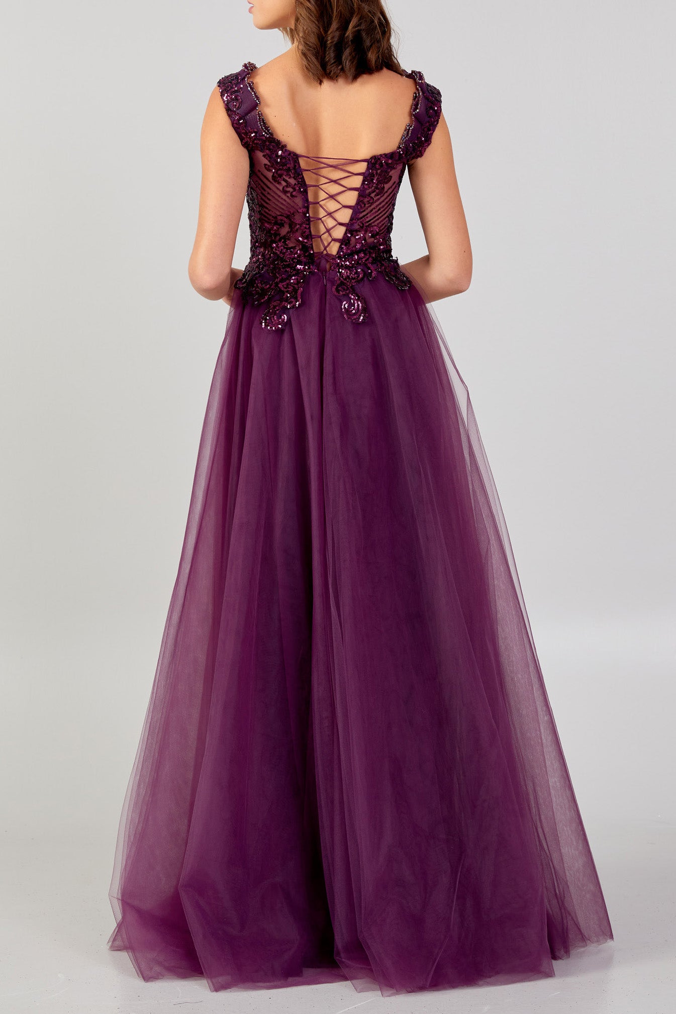 VネックスパンコールトップAラインロングドレスパープルMサイズ (40)