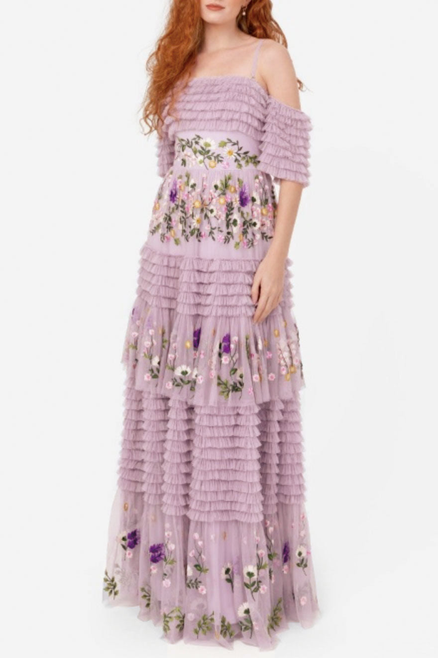 エンブロイダリーボリュームティアードドレスパープルMサイズ