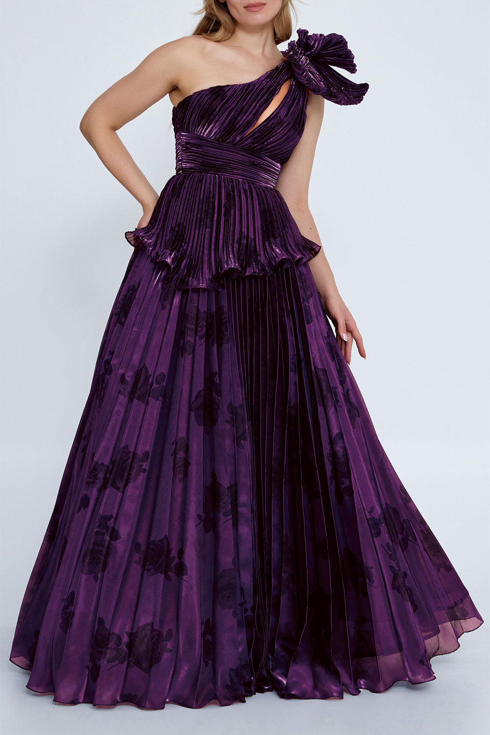 ワンショルダー ぺプラムロングドレスパープルSサイズ(38)