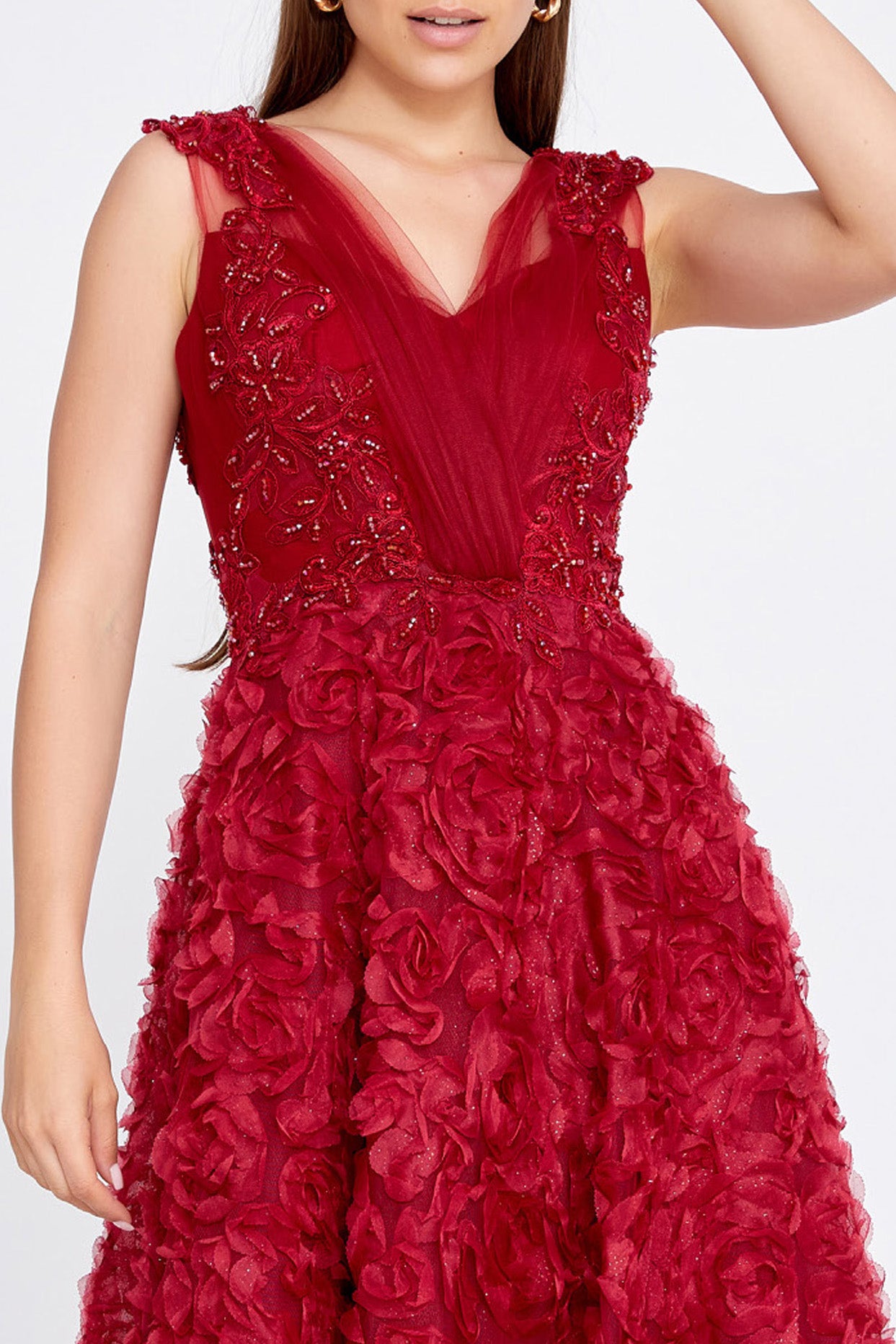 VネックフラワーAラインロングドレスレッドSサイズ(38)