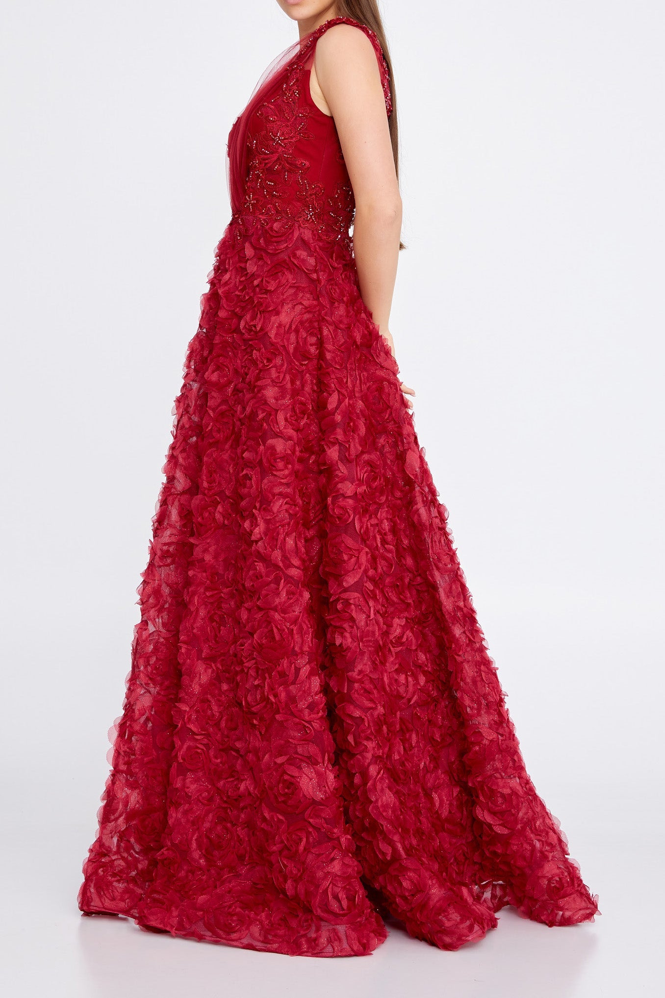 VネックフラワーAラインロングドレスレッドMサイズ(40)