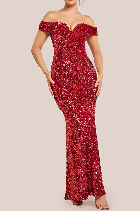 スパンコールプランジネックオフショルダーロングドレスレッドSサイズ