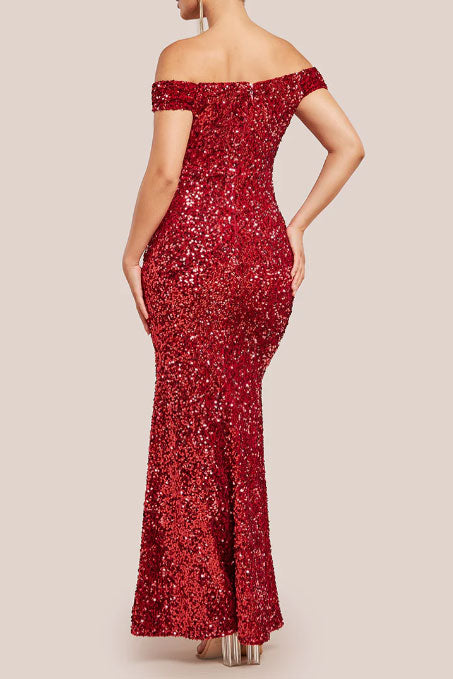 スパンコールプランジネックオフショルダーロングドレスレッドSサイズ