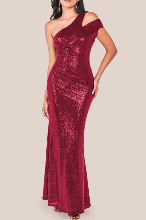 スパンコールカッティングワンショルダーロングドレスレッドSサイズ