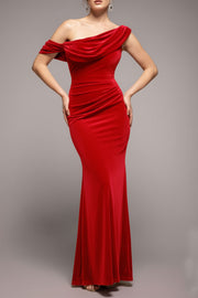 カウルワンショルダーベロアロングドレスレッドMサイズ