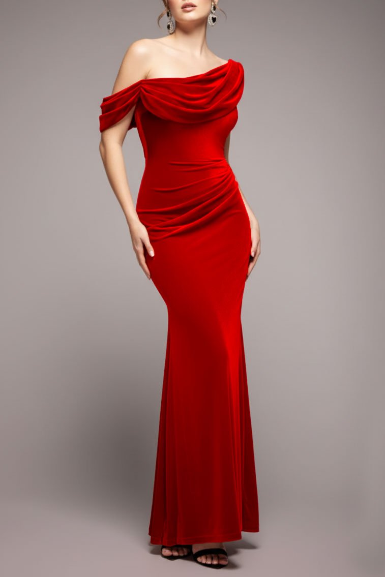 カウルワンショルダーベロアロングドレスレッドMサイズ