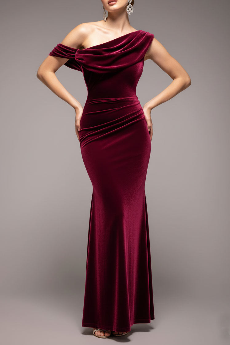 カウルワンショルダーベロアロングドレスボルドーSサイズ