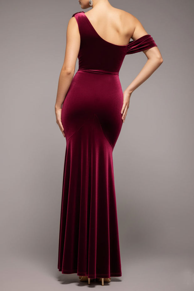 カウルワンショルダーベロアロングドレスボルドーSサイズ