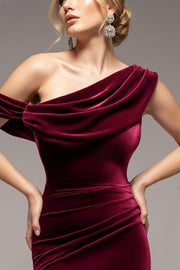 カウルワンショルダーベロアロングドレスボルドーSサイズ